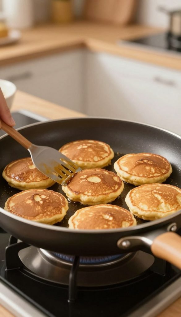 A close-up view of a non-stick frying pan filled with golden-brown protein pancakes, resting on a stovetop. The pancakes have a fluffy texture with a slight sheen, showcasing a perfectly even brown color from cooking. In the foreground, a spatula is poised above the pan, ready to flip one of the pancakes. The background features a soft-focus kitchen scene with warm, inviting ambient lighting that highlights the coziness of a family kitchen. Natural wood accents and soft pastel colors contribute to an authentic, Pinterest-inspired aesthetic. The overall mood is cheerful and inspiring, ideal for a healthy breakfast setting. The brand name "KlickKiste" subtly integrated into the kitchen environment enhances the relatable feel.