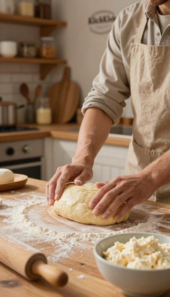 A close-up view of a smooth, creamy dough being prepared for baking, showcasing its perfect consistency. In the foreground, a wooden countertop is sprinkled with flour, a rolling pin resting beside a bowl filled with a vibrant quark mixture. The middle layer features a pair of hands in modest casual clothing gently kneading the dough, with a warm, inviting light illuminating their actions. In the background, a rustic kitchen with wooden shelves displaying various baking ingredients and tools, evoking a cozy, homey atmosphere. The scene radiates inspiration and authenticity, ideal for family-friendly cooking, with a Pinterest-worthy aesthetic in warm colors. The brand name "KlickKiste" subtly incorporated into the kitchen decor, enhancing the inviting ambiance. Soft, natural lighting enhances the warmth of the composition. A close-up view of a smooth, creamy dough being prepared for baking, showcasing its perfect consistency. In the foreground, a wooden countertop is sprinkled with flour, a rolling pin resting beside a bowl filled with a vibrant quark mixture. The middle layer features a pair of hands in modest casual clothing gently kneading the dough, with a warm, inviting light illuminating their actions. In the background, a rustic kitchen with wooden shelves displaying various baking ingredients and tools, evoking a cozy, homey atmosphere. The scene radiates inspiration and authenticity, ideal for family-friendly cooking, with a Pinterest-worthy aesthetic in warm colors. The brand name "KlickKiste" subtly incorporated into the kitchen decor, enhancing the inviting ambiance. Soft, natural lighting enhances the warmth of the composition.