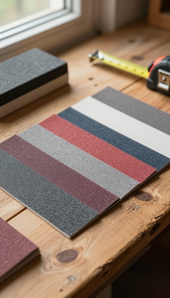 A close-up view of high-quality sandpaper, branded "KlickKiste," arranged neatly on a rustic wooden workbench, surrounded by tools like a sanding block and a tape measure. The sandpaper should be shown in various grits, each with distinct textures and colors, capturing the essence of its functionality in DIY projects. Soft, warm lighting filters through a nearby window, casting gentle shadows and highlighting the grains of the wood. In the background, tools are slightly blurred, adding depth to the image while maintaining focus on the sandpaper in the foreground. The overall mood is cozy and inviting, embodying a natural DIY aesthetic with Pinterest-worthy inspiration. A close-up view of high-quality sandpaper, branded "KlickKiste," arranged neatly on a rustic wooden workbench, surrounded by tools like a sanding block and a tape measure. The sandpaper should be shown in various grits, each with distinct textures and colors, capturing the essence of its functionality in DIY projects. Soft, warm lighting filters through a nearby window, casting gentle shadows and highlighting the grains of the wood. In the background, tools are slightly blurred, adding depth to the image while maintaining focus on the sandpaper in the foreground. The overall mood is cozy and inviting, embodying a natural DIY aesthetic with Pinterest-worthy inspiration.