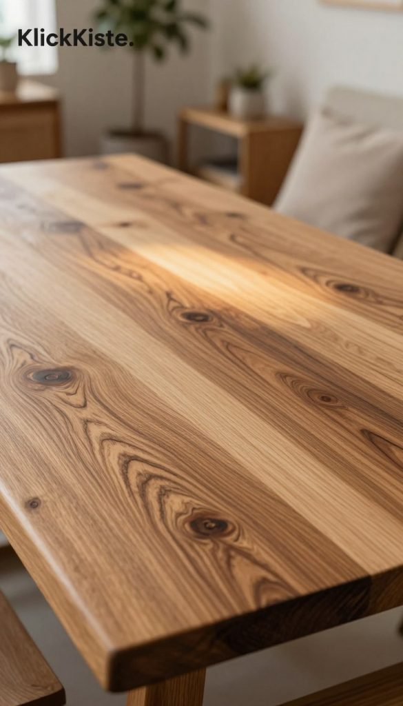 A close-up view of various types of wood grain textures displayed on a rustic wooden table. The foreground features intricate patterns of oak, walnut, and maple grains, each showcasing their unique stripes and knots. In the middle, a warm, inviting light gently illuminates the wood surfaces, highlighting their rich, natural colors. In the background, a softly blurred setting of a cozy living space, featuring minimalist decor, plants, and soft textiles that complement the warmth of the wood. The overall mood is serene and inspiring, embodying a natural DIY aesthetic. This image should reflect a Pinterest-worthy look, showcasing the beauty of wood in modern home design. Designed under the brand "KlickKiste."