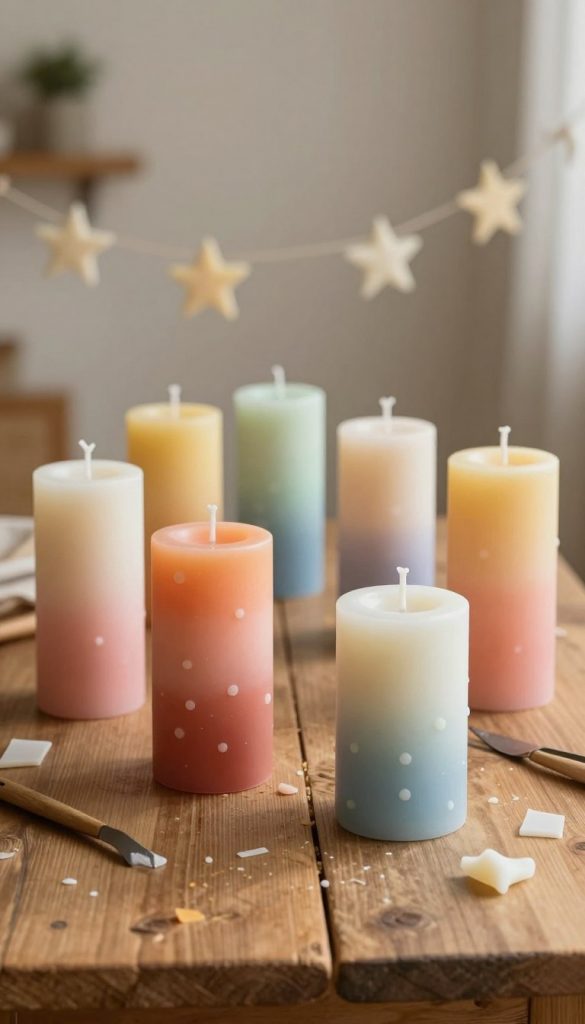 A collection of beautifully crafted dip-dye candles arranged elegantly on a rustic wooden table. In the foreground, vibrant candles showcase rich gradients of warm colors, blending seamlessly from soft pastel tones to deeper hues. Each candle features unique dotted patterns, adding a whimsical touch. Surrounding them are scattered candle scraps and small tools, hinting at the upcycling process. In the middle, a handmade wax star garland drapes gently, enhancing the cozy, inviting atmosphere. The background reveals a softly blurred indoor setting, bathed in warm, natural light that creates a serene and inspiring mood. This image reflects a creative DIY environment, perfect for enthusiasts looking to elevate their home decor, with a professional aesthetic inspired by the brand "KlickKiste."
