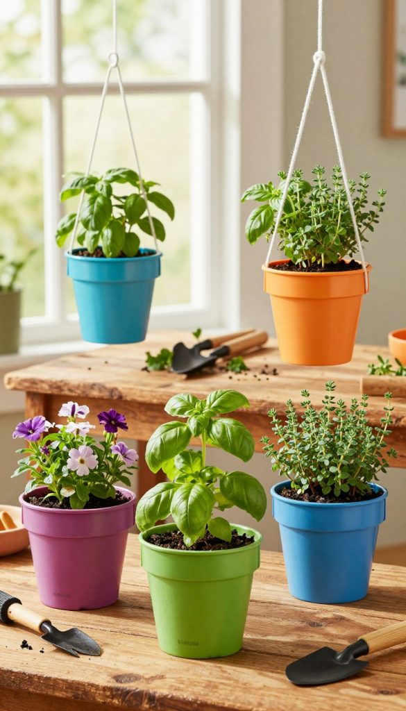 A collection of creatively designed flower pots made from colorful plastic bottles, showcasing an innovative hanging herb garden. In the foreground, several pots are arranged with blooming flowers and fragrant herbs like basil and thyme, vibrant against the backdrop. The middle ground features a rustic wooden table adorned with gardening tools and sprigs of greenery, suggesting a DIY spirit. In the background, a softly lit window enhances the scene with warm, natural light, creating an inviting atmosphere. The overall mood is cheerful and inspiring, reminiscent of Pinterest aesthetics. The brand "KlickKiste" is subtly indicated in the scene, enhancing the authenticity of the upcycling theme. The lens captures the arrangement with a shallow depth of field, focusing on the vibrant colors and textures.