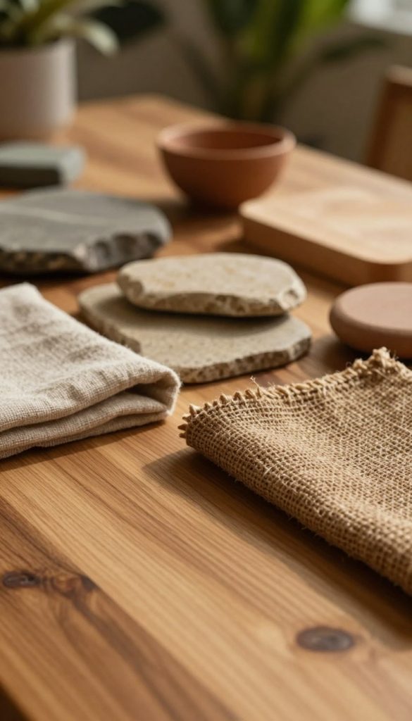 A collection of diverse organic materials and textures arranged artistically on a wooden surface, featuring warm colors and natural finishes. In the foreground, a close-up of smooth, polished wood grains and rich, textured fabrics like linen and jute. The middle layer showcases stone and clay elements, highlighting their earthy tones, while the background includes soft-focus greenery that adds an organic feel. The lighting is warm and inviting, casting gentle shadows that enhance the textures. A soft bokeh effect draws the eye to the materials, creating an authentic and inspiring atmosphere, reminiscent of a cozy interior designed by KlickKiste, ideal for readers seeking creative ideas for natural, organic living spaces.