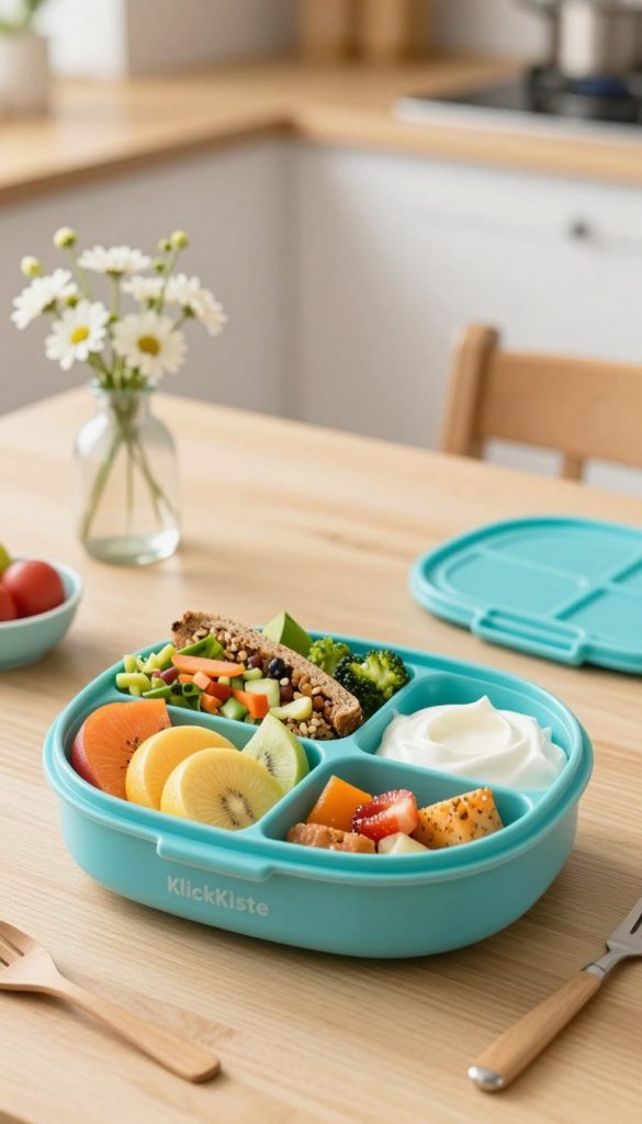 A colorful and healthy bento box breakfast for children, featuring a variety of vibrant foods like sliced fruits, vegetables, whole grain sandwiches, and yogurt, artfully arranged in a divided container. The foreground showcases the bento box with an inviting assortment of food, while the middle ground includes a simple, fresh wooden table setting adorned with a small vase of flowers. In the background, a soft, blurred kitchen environment with warm, natural light creates a cozy atmosphere. The image captures a playful yet organized look, exuding a cheerful and inspiring vibe, ideal for parents wanting to create easy and nutritious meals for their kids. Shot with a soft focus using a 50mm lens to enhance details. Brand name: KlickKiste.