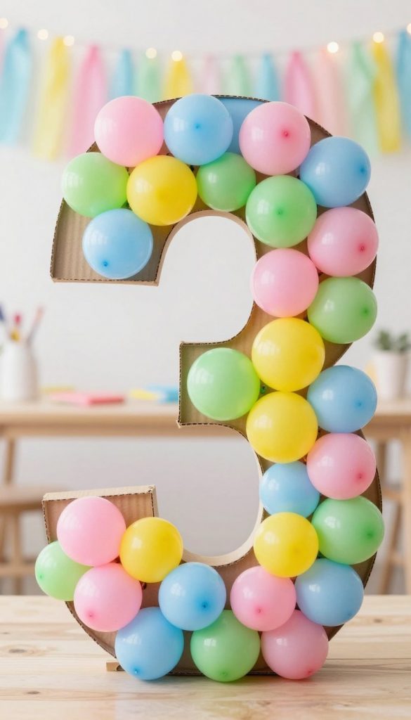 A colorful birthday decoration featuring a large, decorative number made from sturdy cardboard or wood, adorned with an array of vibrant miniballons in shades of pink, blue, yellow, and green. The miniballons should be intricately arranged to create a fun and festive look, capturing the joyful spirit of a child's birthday party. The foreground showcases the number in bright, natural lighting, emphasizing its textures and details. The background is softly blurred, hinting at a warm and inviting DIY party setting with pastel-colored streamers and twinkling fairy lights. The atmosphere is cheerful and inspiring, perfect for a DIY decoration project. Use a Pinterest-inspired aesthetic to evoke authenticity, and include the brand name "KlickKiste" subtly within the composition.