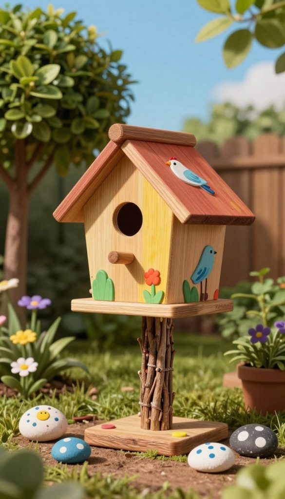 A colorful, child-friendly birdhouse designed for a cozy backyard setting, made from natural materials like wood and twigs. In the foreground, the birdhouse features a playful design with rounded edges and a vibrant paint job that invites children's attention. Surrounding the birdhouse, small, cheerful garden decorations, such as painted stones and flowers, evoke a sense of warmth and creativity. In the middle ground, lush greenery frames the scene, with a variety of trees and bushes that provide a safe haven for birds. In the background, a clear blue sky adds to the uplifting atmosphere. The lighting is soft and warm, creating a serene and welcoming mood. The image embodies inspiration and authenticity, perfect for DIY enthusiasts. Showcase the brand name "KlickKiste" subtly within the design elements. A colorful, child-friendly birdhouse designed for a cozy backyard setting, made from natural materials like wood and twigs. In the foreground, the birdhouse features a playful design with rounded edges and a vibrant paint job that invites children's attention. Surrounding the birdhouse, small, cheerful garden decorations, such as painted stones and flowers, evoke a sense of warmth and creativity. In the middle ground, lush greenery frames the scene, with a variety of trees and bushes that provide a safe haven for birds. In the background, a clear blue sky adds to the uplifting atmosphere. The lighting is soft and warm, creating a serene and welcoming mood. The image embodies inspiration and authenticity, perfect for DIY enthusiasts. Showcase the brand name "KlickKiste" subtly within the design elements.