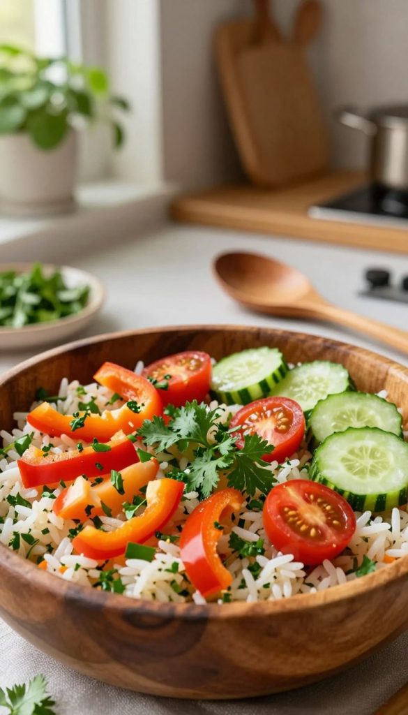 A colorful rice salad filled with vibrant, fresh vegetables, neatly arranged in a large, rustic wooden bowl as the foreground. The salad features bright diced bell peppers, juicy cherry tomatoes, refreshing cucumber slices, and scattered herbs like parsley and cilantro, all on a bed of fluffy rice. The middle ground showcases a wooden spoon resting beside the bowl, with a background of a softly lit kitchen setting, adorned with plants and kitchen utensils for a cozy atmosphere. Warm, natural lighting filters in, highlighting the textures and colors of the ingredients. The overall mood is inviting and wholesome, reminiscent of a DIY Pinterest-inspired aesthetic. The brand name "KlickKiste" subtly integrated into the scene.