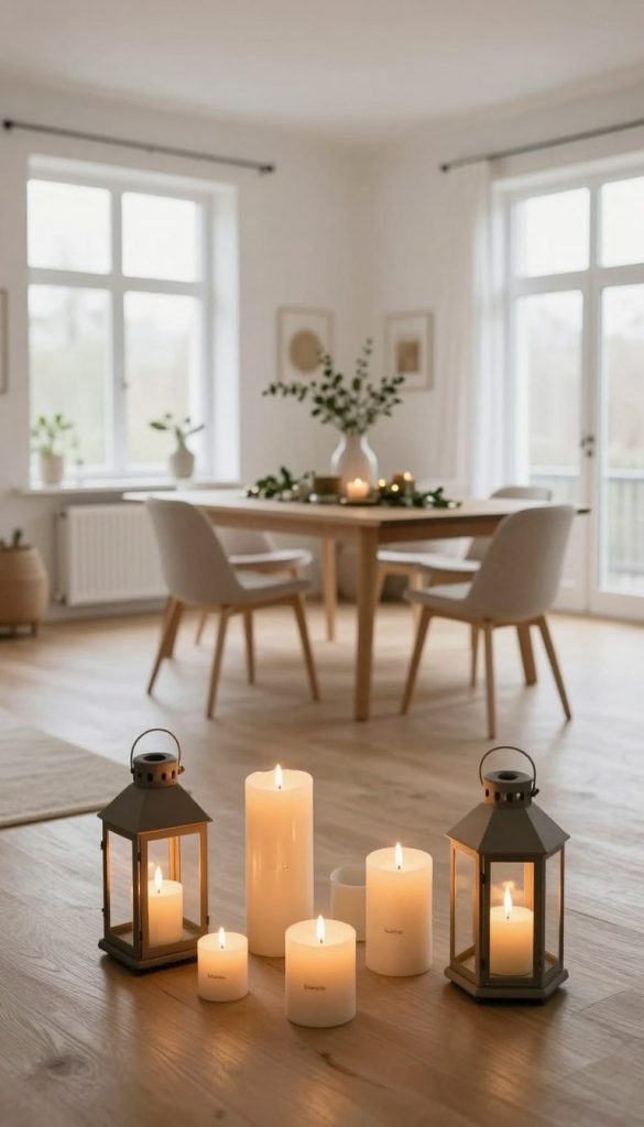 A comforting Scandinavian-inspired interior featuring a soft, inviting light concept. In the foreground, display elegantly arranged candles and stylish table lanterns with warm, flickering flames, providing a cozy atmosphere. The middle ground features a minimalist wooden dining table adorned with greenery and simple decor, inviting a sense of calm. In the background, large windows allow natural light to flood the space, complemented by subtle, diffused ambient lighting. The overall mood is serene and inspiring, with a Pinterest aesthetic that showcases DIY elements in natural materials and warm tones. Capture this essence with a focus on texture and a wide-angle view that emphasizes the expansive, airy feel of the room, highlighting brand "KlickKiste" throughout the scene.