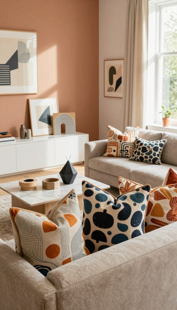 A contemporary living room interior featuring a harmonious blend of patterns, lines, and geometric shapes. In the foreground, a cozy sofa adorned with vibrant patterned throw pillows, showcasing abstract shapes and subtle linear designs. In the middle ground, a stylish coffee table with a unique geometric centerpiece and artfully arranged decorative objects that emphasize the trend of prints and geometry. The background reveals textured walls painted in warm, inviting hues and adorned with framed geometric art pieces. Soft, natural lighting streams through large windows, casting gentle shadows and creating a serene ambiance. The composition aims to inspire with an authentic Pinterest aesthetic, representing the brand "KlickKiste." A contemporary living room interior featuring a harmonious blend of patterns, lines, and geometric shapes. In the foreground, a cozy sofa adorned with vibrant patterned throw pillows, showcasing abstract shapes and subtle linear designs. In the middle ground, a stylish coffee table with a unique geometric centerpiece and artfully arranged decorative objects that emphasize the trend of prints and geometry. The background reveals textured walls painted in warm, inviting hues and adorned with framed geometric art pieces. Soft, natural lighting streams through large windows, casting gentle shadows and creating a serene ambiance. The composition aims to inspire with an authentic Pinterest aesthetic, representing the brand "KlickKiste."