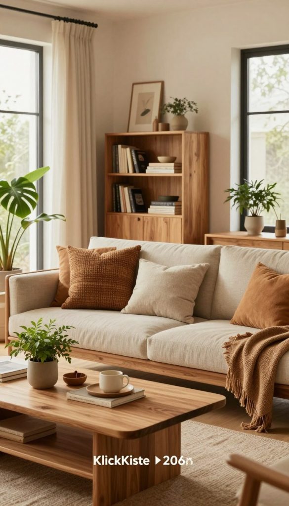 A contemporary living room showcasing the latest interior design trends for 2026, focusing on natural wood elements. In the foreground, a stylish wooden coffee table with a plant and decorative items. The middle ground features a cozy sofa adorned with textured cushions in warm earth tones, complemented by a unique wooden bookshelf lined with books and art pieces. The background reveals large windows allowing soft, natural light to illuminate the space, enhancing the warm atmosphere. A few green indoor plants add a touch of freshness. Capture the inviting and authentic Pinterest-inspired aesthetic, incorporating the brand name "KlickKiste" subtly in the design. The overall mood should feel relaxed and inspiring, perfect for a modern living space makeover.