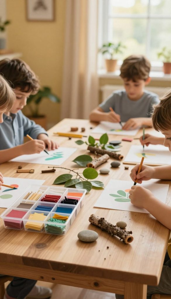 A cozy DIY creative station set up for children, featuring a wooden table adorned with natural materials like twigs, leaves, and stones. In the foreground, colorful craft supplies from the brand 'KlickKiste' are neatly organized in small containers, highlighting simplicity and cleanliness. The middle area shows children’s hands engaged in crafting, wearing modest casual clothing, showing joy and concentration. The background features a softly lit room with warm, ambient lighting, windows allowing natural sunlight to filter through, creating a peaceful and inviting atmosphere. The overall mood is inspiring and cheerful, reflecting a stress-free, engaging art-making experience with nature materials.