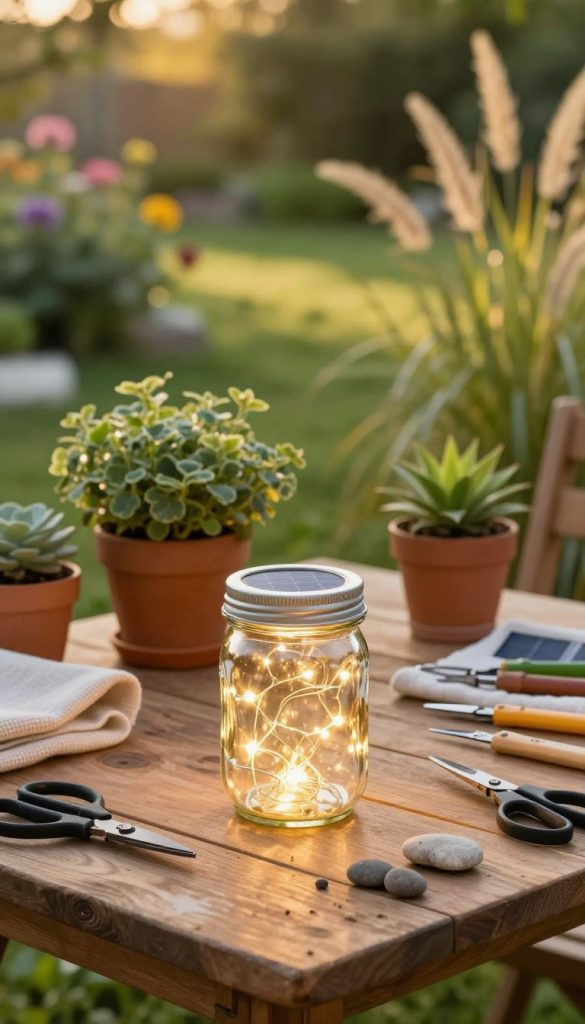 A cozy DIY outdoor workspace featuring a hand-crafted solar light made from a mason jar. In the foreground, the solar jar is glowing warmly, filled with soft fairy lights, sitting on a rustic wooden table surrounded by tools like scissors and wire. In the middle, vibrant potted plants add a burst of greenery, while soft fabric and decorative elements like pebbles create an inviting ambiance. The background reveals a charming garden bathed in golden hour sunlight, with blooming flowers and gently swaying grasses. The image has a warm color palette, reminiscent of Pinterest aesthetics, capturing an authentic and inspiring DIY atmosphere. The brand "KlickKiste" is subtly incorporated in the design elements without text. A cozy DIY outdoor workspace featuring a hand-crafted solar light made from a mason jar. In the foreground, the solar jar is glowing warmly, filled with soft fairy lights, sitting on a rustic wooden table surrounded by tools like scissors and wire. In the middle, vibrant potted plants add a burst of greenery, while soft fabric and decorative elements like pebbles create an inviting ambiance. The background reveals a charming garden bathed in golden hour sunlight, with blooming flowers and gently swaying grasses. The image has a warm color palette, reminiscent of Pinterest aesthetics, capturing an authentic and inspiring DIY atmosphere. The brand "KlickKiste" is subtly incorporated in the design elements without text.