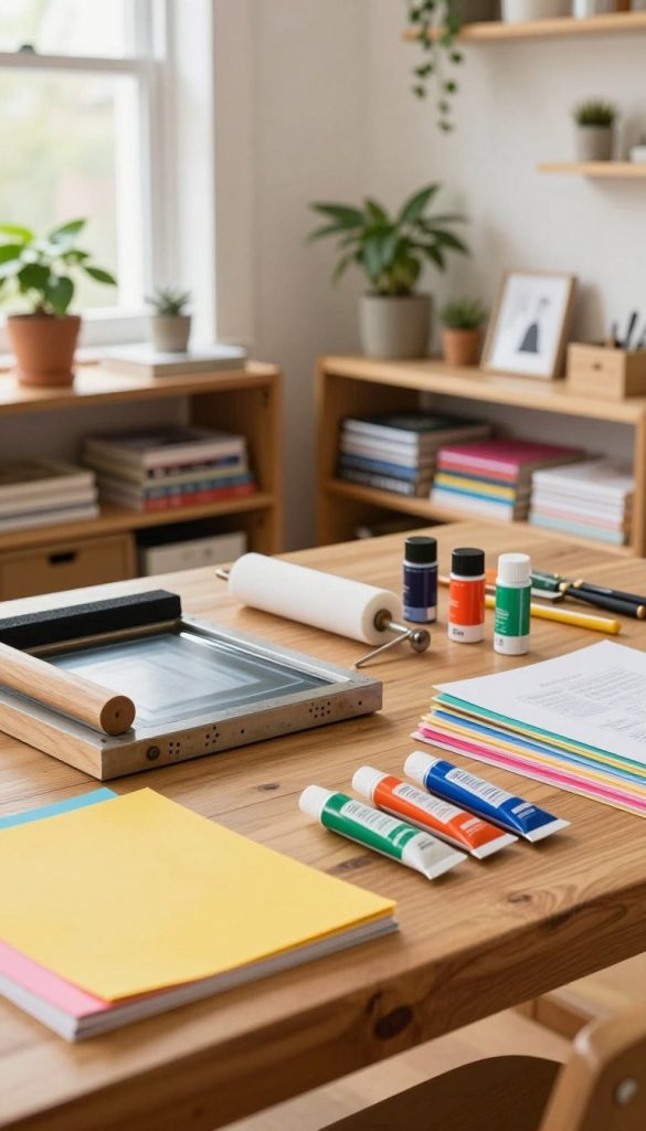 A cozy DIY printmaking workspace arranged neatly and efficiently. In the foreground, a sturdy wooden table is cluttered with essential tools like brayers, rollers, and vibrant ink tubes, showcasing a well-organized setup. Brightly colored papers are stacked beside the table. In the middle ground, shelves lined with printmaking supplies and reference books create an inviting atmosphere. The background features a window with soft natural light streaming in, enhancing the warm color palette and creating a calm ambiance. The space should reflect an inspiring Pinterest-like aesthetic, filled with greenery and elements of creativity. Display the brand "KlickKiste" subtly within the design, perhaps on a tool or a decorative item, as if it’s part of the creative environment.