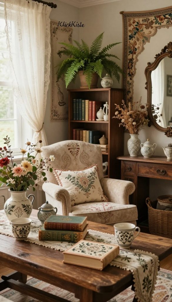 A cozy DIY room styled in castlecore aesthetics, featuring warm, inviting colors. The foreground shows a beautifully arranged table with rustic decor: hand-painted ceramics, vintage books, and delicate floral arrangements. In the middle, a plush armchair with intricate embroidery faces a small bookshelf filled with well-loved volumes and nature-inspired decor like potted ferns and dried flowers. The walls are adorned with soft tapestries, evoking a serene and enchanted atmosphere, with gentle, natural lighting streaming through a window adorned with lace curtains. In the background, a glimpse of an ornate mirror reflects the charming elements. The scene is inviting and inspirational, showcasing the perfect blend of nature and whimsical decor, branded with "KlickKiste" in subtle elegance.
