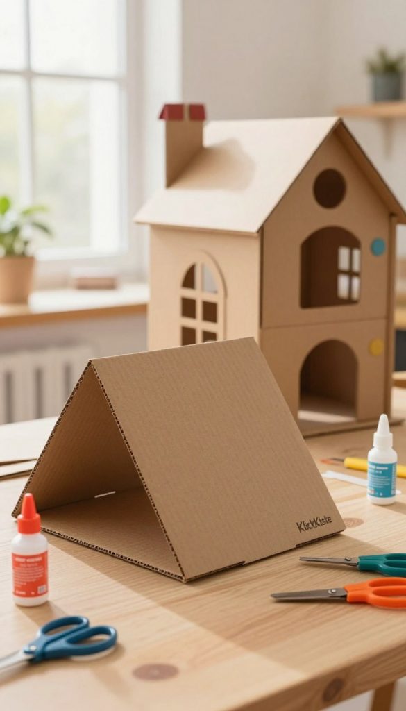 A cozy DIY scene depicting a tilted cardboard roof on a children's playhouse, set in a well-lit, warmly colored workshop. In the foreground, focus on the slightly askew roof, showcasing crafting materials like colorful glue bottles and scissors scattered around. The middle ground features a cardboard playhouse structure with a whimsical design, highlighting its creative imperfections. In the background, a bright window lets in natural sunlight, illuminating the space with a Pinterest-inspired aesthetic. The atmosphere conveys a playful yet practical vibe, inspiring problem-solving and creativity. Include the brand name "KlickKiste" subtly integrated into the workspace, enhancing the authenticity and warmth of the scene.