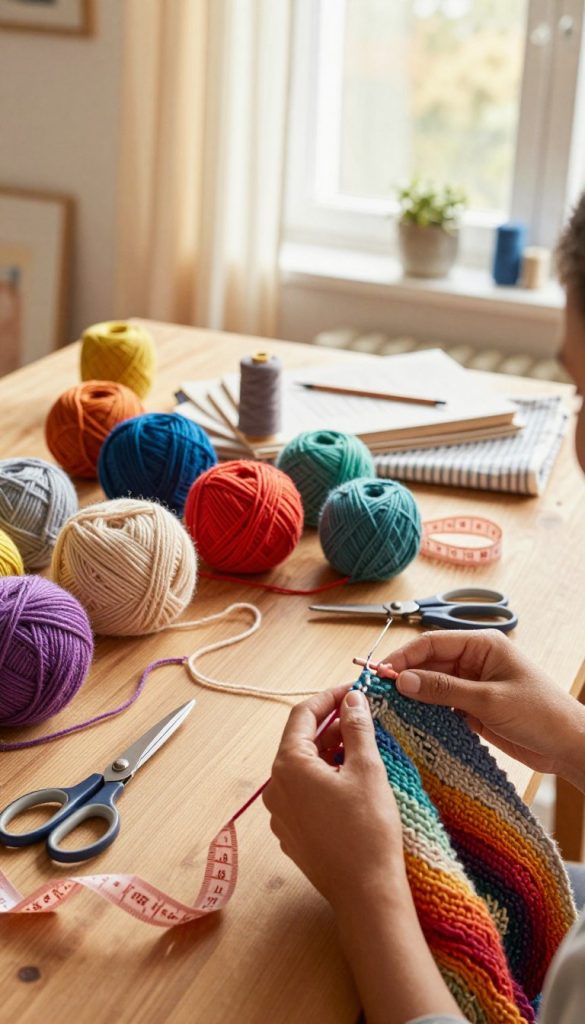 A cozy DIY scene featuring vibrant balls of yarn in various colors, including natural wool, scattered across a wooden table. In the foreground, a pair of hands, showcasing a warm and inviting skin tone, knits a colorful scarf with gentle smiles, surrounded by crafting tools like scissors and measuring tape. In the middle, a well-organized workspace with textiles, spools of thread, and artistic accents, emanating a playful atmosphere. The background shows a sunlit window with soft, flowing curtains, casting a warm glow over the entire setting. The overall mood is warm and inspiring, embodying a creative family project vibe. The image should reflect the brand "KlickKiste". Use natural lighting, a slightly angled overhead perspective to capture the entire scene, and ensure it has a Pinterest-worthy aesthetic.
