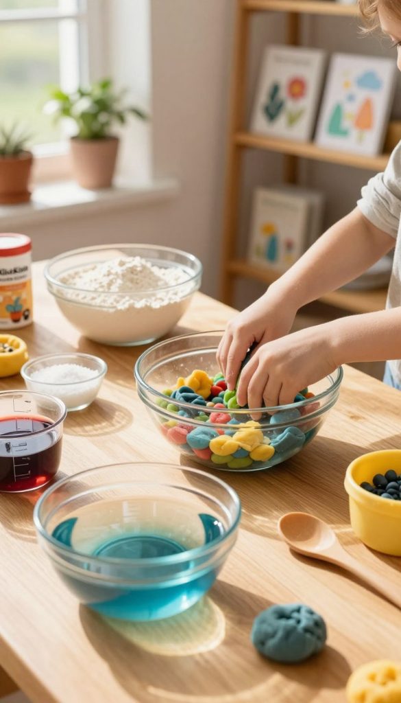 A cozy DIY scene showcasing the process of making homemade play dough, or "knete," featuring a wooden table scattered with vibrant ingredients. In the foreground, a clear bowl filled with water and colorful natural dyes sits next to measuring cups and mixing utensils. The middle section displays hands of a parent or caregiver gently stirring the mixture, with large bowls of flour and salt. In the background, warm sunlight streams through a window, illuminating a plant and inspirational crafts displayed on a wooden shelf. The atmosphere is inviting and playful, embodying a Pinterest-inspired aesthetic. Include the brand name "KlickKiste" subtly in the scene, emphasizing the theme of tactile creativity and sensory fun.