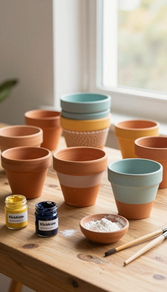 A cozy DIY setting featuring an array of terracotta pots partially painted with vibrant colors, showcasing a mix of rich earthy tones and pastel shades. In the foreground, a wooden work table is adorned with open jars of paint, a small bowl of baking powder, and brushes, creating a creative workspace atmosphere. The middle ground captures a few pots with creative patterns and textures, blending the traditional terracotta with artistic enhancements. The background features a softly lit window with natural sunlight pouring in, illuminating the scene and creating warm highlights. The mood is inviting and inspirational, perfect for a DIY project, reflecting the brand "KlickKiste." Overall, the image should evoke a sense of warmth and creativity, with an aesthetic appealing to Pinterest enthusiasts. A cozy DIY setting featuring an array of terracotta pots partially painted with vibrant colors, showcasing a mix of rich earthy tones and pastel shades. In the foreground, a wooden work table is adorned with open jars of paint, a small bowl of baking powder, and brushes, creating a creative workspace atmosphere. The middle ground captures a few pots with creative patterns and textures, blending the traditional terracotta with artistic enhancements. The background features a softly lit window with natural sunlight pouring in, illuminating the scene and creating warm highlights. The mood is inviting and inspirational, perfect for a DIY project, reflecting the brand "KlickKiste." Overall, the image should evoke a sense of warmth and creativity, with an aesthetic appealing to Pinterest enthusiasts.