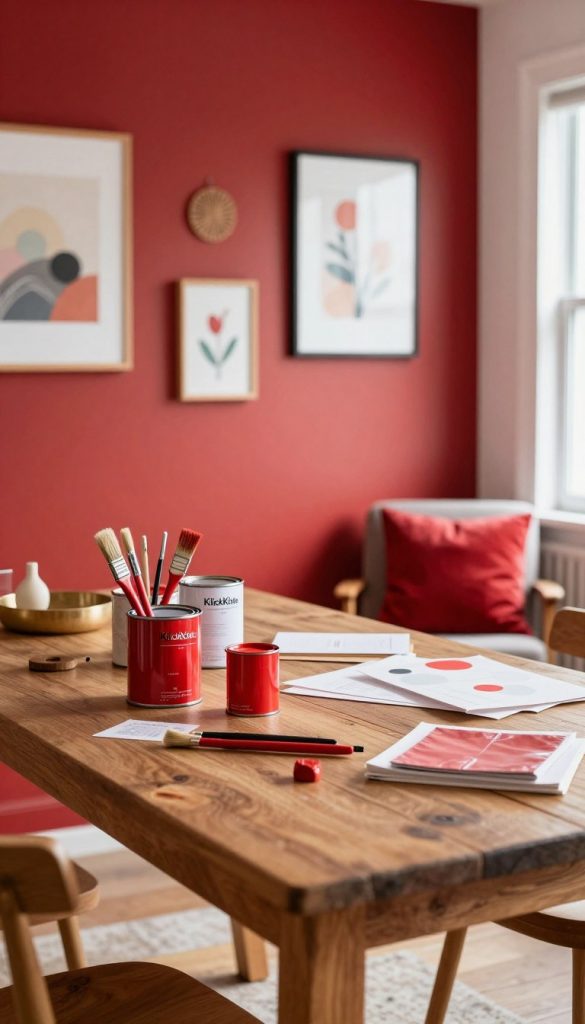 A cozy DIY space showcasing a creative project with bold red accents, highlighting functional and stylish upgrades. In the foreground, a rustic wooden table displays various DIY materials, like paint cans in vibrant red, brushes, and decorative items. The middle ground features a freshly painted red accent wall adorned with simple yet chic wall art and decor. In the background, soft natural light streams through a window, highlighting a comfortable chair with a red throw pillow, creating an inviting atmosphere. The overall mood is warm and inspirational, resonating with a Pinterest aesthetic. The brand name "KlickKiste" subtly incorporated into the design elements. Gentle shadows and a focus on texture enhance the inviting feel of the space.