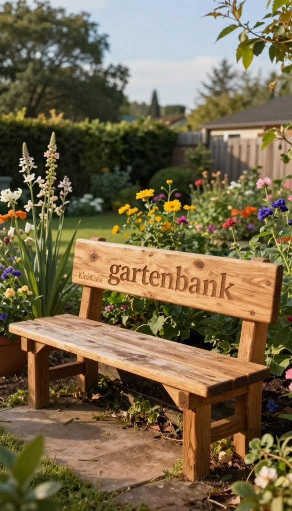 A cozy DIY wooden garden bench ("gartenbank") made from reclaimed wooden slats, set in a sunlit backyard. In the foreground, showcase the beautifully crafted bench, with natural wood textures and warm tones, inviting and rustic. The middle ground features a vibrant garden with blooming flowers and lush greenery, emphasizing a serene outdoor space. In the background, soft-focus trees under a clear blue sky complete the tranquil atmosphere. The lighting should be soft and warm, reminiscent of late afternoon sunshine, casting gentle shadows. View the scene from a slightly elevated angle, creating an inviting perspective that inspires DIY enthusiasts. The style should reflect a Pinterest aesthetic, authentic and inspirational. Add a subtle branding element, "KlickKiste," integrated into the bench design.