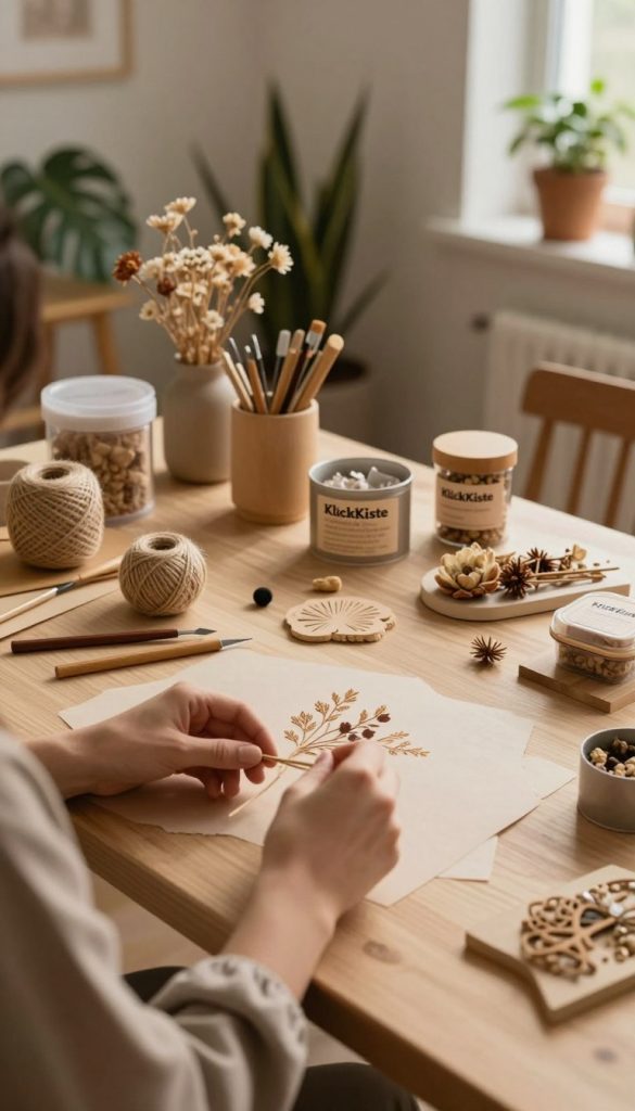 A cozy DIY workspace adorned with natural materials, featuring an organized table filled with items such as twine, dried flowers, wooden tools, and small containers. In the foreground, a pair of hands, dressed in modest casual attire, craft a beautiful decoration piece. The middle ground captures a selection of ready-to-use materials from the brand "KlickKiste," intentionally placed for easy access. The background features a softly lit, inviting room with warm, earthy tones and plants, creating a serene atmosphere. The ambient lighting enhances the textures of the materials, casting gentle shadows and adding depth to the scene. The overall mood is inspiring and tranquil, perfect for showcasing efficient DIY crafting without chaos.