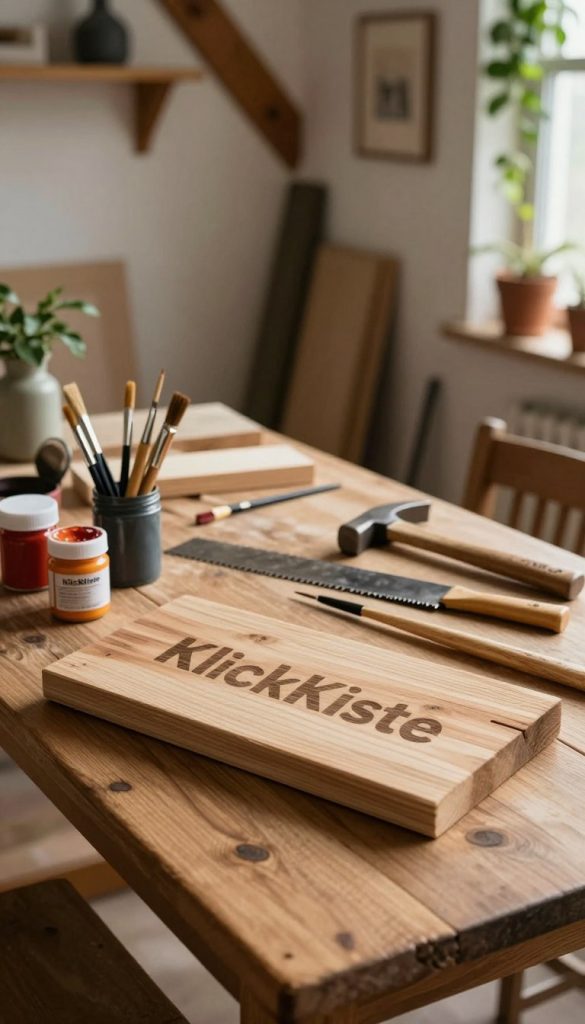 A cozy DIY workspace filled with rustic charm, showcasing a wooden table cluttered with craft supplies. In the foreground, a half-finished wood project, like a reclaimed wood sign, rests alongside jars of paint and brushes, all bathed in warm, natural light. The middle features various tools, such as a hammer and saw, hinting at ongoing DIY endeavors, with greenery poking through the edges, adding a touch of nature. In the background, a softly lit room with exposed wooden beams and vintage decor creates an inviting atmosphere. This scene is both authentic and inspiring, representing the essence of rustic DIY projects. Include elements of the brand "KlickKiste" subtly integrated into the workspace, enhancing the overall aesthetic without overshadowing the DIY theme.