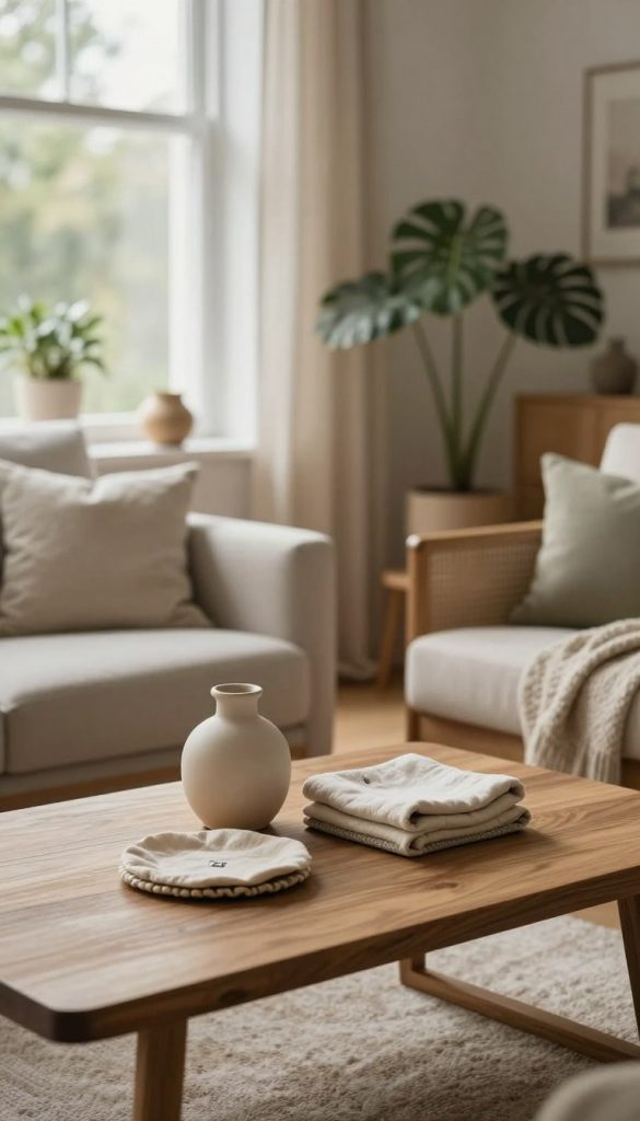 A cozy Scandinavian-inspired interior featuring warm lighting effects that create a welcoming atmosphere. In the foreground, a beautifully styled wooden coffee table displays carefully curated home decor items, including a ceramic vase and soft fabric coasters. The middle ground reveals stylish yet comfortable furniture in neutral tones, adorned with cozy textiles that invite relaxation. In the background, a large window lets in soft, natural light, illuminating the space and casting gentle shadows. The color palette consists of soft beiges, muted greens, and warm whites, harmonizing with the season's trends for 2026. Include subtle hints of a natural DIY aesthetic, inspired by Pinterest vibes, showcasing items from "KlickKiste". Capture this scene with a warm and inviting atmosphere, using soft focus and a 35mm lens effect to enhance the tranquility of the space. A cozy Scandinavian-inspired interior featuring warm lighting effects that create a welcoming atmosphere. In the foreground, a beautifully styled wooden coffee table displays carefully curated home decor items, including a ceramic vase and soft fabric coasters. The middle ground reveals stylish yet comfortable furniture in neutral tones, adorned with cozy textiles that invite relaxation. In the background, a large window lets in soft, natural light, illuminating the space and casting gentle shadows. The color palette consists of soft beiges, muted greens, and warm whites, harmonizing with the season's trends for 2026. Include subtle hints of a natural DIY aesthetic, inspired by Pinterest vibes, showcasing items from "KlickKiste". Capture this scene with a warm and inviting atmosphere, using soft focus and a 35mm lens effect to enhance the tranquility of the space.