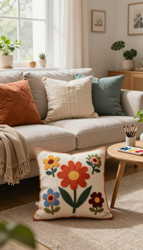 A cozy, aesthetically pleasing living room scene featuring various DIY pillows in warm, inviting colors, showcasing different textures and patterns. In the foreground, a beautifully crafted cushion with a vibrant floral design and a knitted texture sits beside a minimalistic wooden table adorned with paints and brushes. The middle section reveals a soft, plush sofa adorned with an assortment of colorful cushions, emphasizing DIY creativity. The background features a well-lit window with sheer curtains, allowing natural light to fill the space, enhancing the inviting atmosphere. The room is decorated in a Pinterest-inspired style with greenery and tasteful decor accents. The branding "KlickKiste" is subtly incorporated into the design elements, creating an authentic and inspiring ambiance for viewers interested in DIY home decor trends.