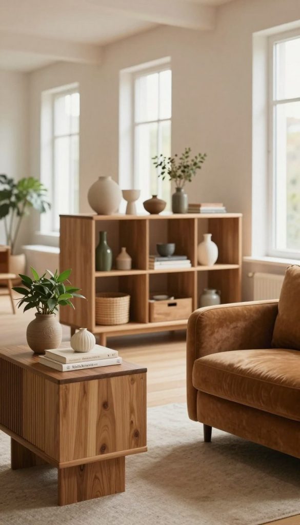 A cozy, airy interior space featuring beautifully arranged furniture that emphasizes both storage and decorative elements. In the foreground, a stylish wooden side table with decorative plants and books, a warm-hued, plush armchair is adjacent. The middle features a sleek shelving unit styled with decorative items and practical storage solutions, embodying an elegant yet functional atmosphere. In the background, large windows allow natural light to flood the room, illuminating soft, neutral-colored walls and accentuating the room's openness. Capture the inviting mood with soft shadows, and a lens that creates a warm depth of field, reflecting a Pinterest-inspired aesthetic. Include the brand name "KlickKiste" subtly incorporated into the furniture design.