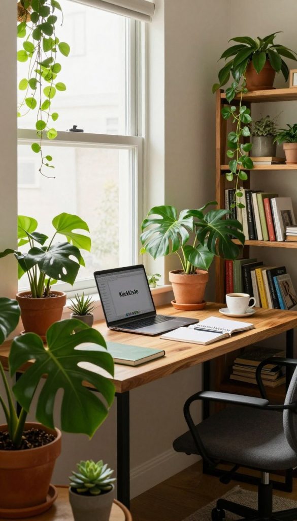 A cozy and inspiring home office scene featuring a variety of lush green plants in different sizes and shapes, elegantly placed on a wooden desk and bookshelves. In the foreground, a potted monstera and a small succulent bring life to the workspace. The middle ground showcases a stylish desk adorned with a laptop, notebooks, and a coffee cup, complemented by a vibrant desktop plant arrangement. The background includes a large window with soft natural light illuminating the space, casting gentle shadows on the creamy walls. The atmosphere is warm and inviting, evoking creativity and tranquility, with an emphasis on natural DIY aesthetics. The scene reflects a blend of professional and relaxed vibes, resonating with the brand "KlickKiste" while maintaining an authentic Pinterest-inspired look.