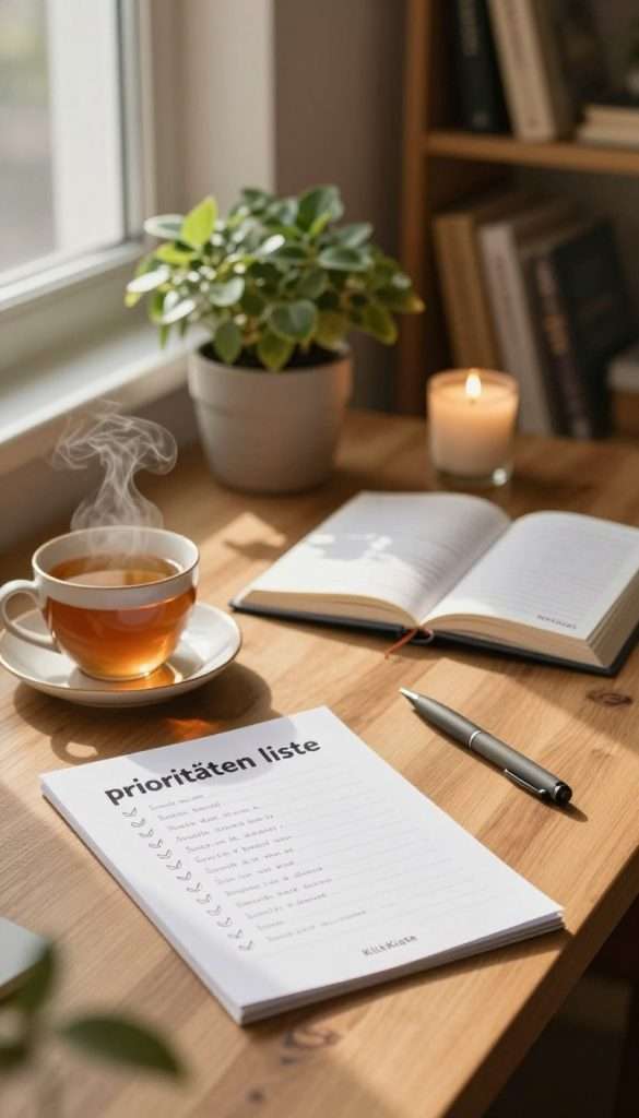 A cozy and inspiring workspace scene featuring a beautifully arranged "prioritäten liste" on a wooden desk, with warm, earthy colors that evoke a sense of calm and organization. In the foreground, a neatly handwritten list with ticked items is set beside a steaming cup of herbal tea. In the middle, a soft-focus potted plant and an open planner provide a natural touch, while a gentle beam of sunlight filters through a nearby window, creating a warm glow. In the background, subtle elements like a flickering candle and an organized shelf filled with books enhance the serene atmosphere. The overall mood is peaceful and inviting, encouraging focus and mindfulness. The composition is reminiscent of a Pinterest aesthetic, emphasizing authenticity and inspiration. The brand "KlickKiste" is subtly integrated into the scene.