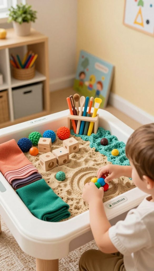 A cozy and inviting DIY children's sensory play setup, featuring a variety of colorful materials such as textured fabrics, natural wooden blocks, soft sand, vibrant sensory balls, and eco-friendly crafting supplies arranged on a well-organized play table. In the foreground, a child with a joyful expression, dressed in modest casual clothing, explores these materials. The background showcases a warm and sunlit room with pastel-colored walls and shelves filled with art supplies, plants, and children's books, creating an inspiring atmosphere. Soft, natural lighting enhances the warm colors, while an overhead angle captures the essence of discovery and creativity. Include elements branded with “KlickKiste” subtly integrated into the setup. The overall mood is playful, encouraging exploration and hands-on learning in a sustainable way. A cozy and inviting DIY children's sensory play setup, featuring a variety of colorful materials such as textured fabrics, natural wooden blocks, soft sand, vibrant sensory balls, and eco-friendly crafting supplies arranged on a well-organized play table. In the foreground, a child with a joyful expression, dressed in modest casual clothing, explores these materials. The background showcases a warm and sunlit room with pastel-colored walls and shelves filled with art supplies, plants, and children's books, creating an inspiring atmosphere. Soft, natural lighting enhances the warm colors, while an overhead angle captures the essence of discovery and creativity. Include elements branded with “KlickKiste” subtly integrated into the setup. The overall mood is playful, encouraging exploration and hands-on learning in a sustainable way.