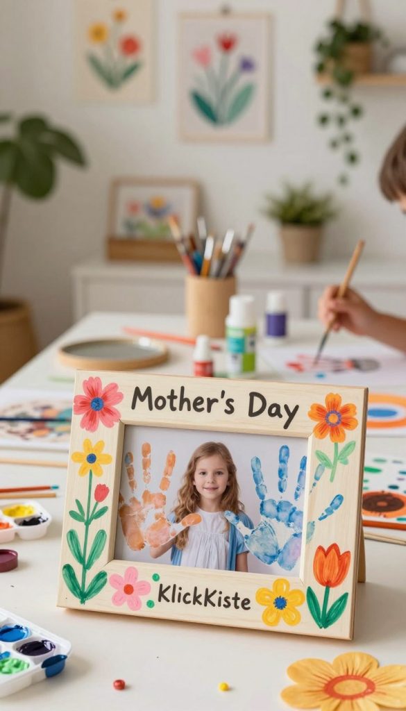 A cozy and inviting DIY craft scene showcasing a beautiful handprint photo frame, designed as a heartfelt Mother's Day gift. In the foreground, a colorful, wooden picture frame is adorned with vibrant, hand-drawn flowers and the warm handprints of children in soft pastel hues. In the middle, a softly lit table is cluttered with art supplies like paints, brushes, and decorative elements, creating a candid, creative atmosphere. The background features a gently blurred view of a sunlit room decorated with cheerful, homemade artworks and greenery, evoking a heartfelt, sentimental mood. The lighting is warm, embracing the scene in natural tones that inspire creativity, perfect for a Pinterest aesthetic. Brand name: KlickKiste.
