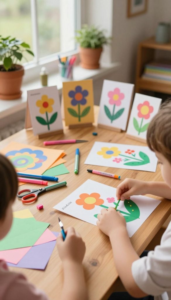 A cozy and inviting DIY crafting scene for children in springtime, featuring a wooden table sprinkled with colorful craft materials like paper, scissors, and markers. In the foreground, a pair of children’s hands, modestly dressed, are engaged in crafting a cheerful spring decoration, demonstrating teamwork and creativity. The middle ground showcases a soft, natural light filtering through a nearby window, illuminating a collection of finished DIY projects like paper flowers and handmade cards. The background includes a warm, serene setting decorated with potted plants and art supplies, creating an inspiring atmosphere. The overall color palette is warm and inviting, embodying a Pinterest-worthy aesthetic, with a subtle branding element of "KlickKiste" incorporated into one of the craft projects, setting a tone of encouragement and creativity. A cozy and inviting DIY crafting scene for children in springtime, featuring a wooden table sprinkled with colorful craft materials like paper, scissors, and markers. In the foreground, a pair of children’s hands, modestly dressed, are engaged in crafting a cheerful spring decoration, demonstrating teamwork and creativity. The middle ground showcases a soft, natural light filtering through a nearby window, illuminating a collection of finished DIY projects like paper flowers and handmade cards. The background includes a warm, serene setting decorated with potted plants and art supplies, creating an inspiring atmosphere. The overall color palette is warm and inviting, embodying a Pinterest-worthy aesthetic, with a subtle branding element of "KlickKiste" incorporated into one of the craft projects, setting a tone of encouragement and creativity.