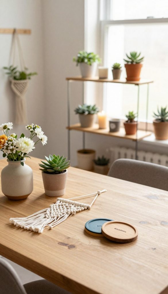 A cozy and inviting DIY workspace featuring a well-lit wooden table adorned with stylish handmade home accessories. In the foreground, there's a beautifully crafted macramé plant hanger, a ceramic vase with fresh flowers, and a set of painted wooden coasters. The middle ground showcases a minimalistic, yet elegant shelving unit filled with potted succulents and artisanal candle holders, all in warm, earthy tones. In the background, soft, diffused natural light streams through a large window, illuminating the entire scene with a gentle glow. The atmosphere feels creative and inspiring, ideal for a Pinterest-worthy DIY project space that reflects the brand "KlickKiste." Capture this from a slightly elevated angle to emphasize the harmonious arrangement and the warmth of the colors.