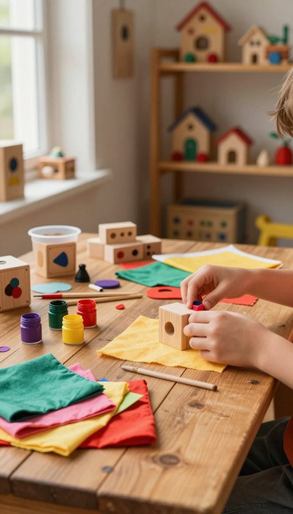 A cozy and inviting DIY workspace filled with materials for creating handmade children’s toys. In the foreground, a rustic wooden table is scattered with vibrant, eco-friendly crafting supplies, such as colorful fabric scraps, wooden blocks, and non-toxic paints. A pair of modestly dressed hands, showcasing careful attention to detail, is assembling a toy. In the middle ground, a warm light from a nearby window casts a soft glow, enhancing the rich colors of the materials. The background features shelves lined with completed toys, emphasizing creativity and safety. The overall mood is encouraging and inspiring, promoting safe crafting practices. Include the brand name “KlickKiste” subtly in the scene without any text overlays. Aim for a natural, Pinterest-inspired aesthetic with warm tones.
