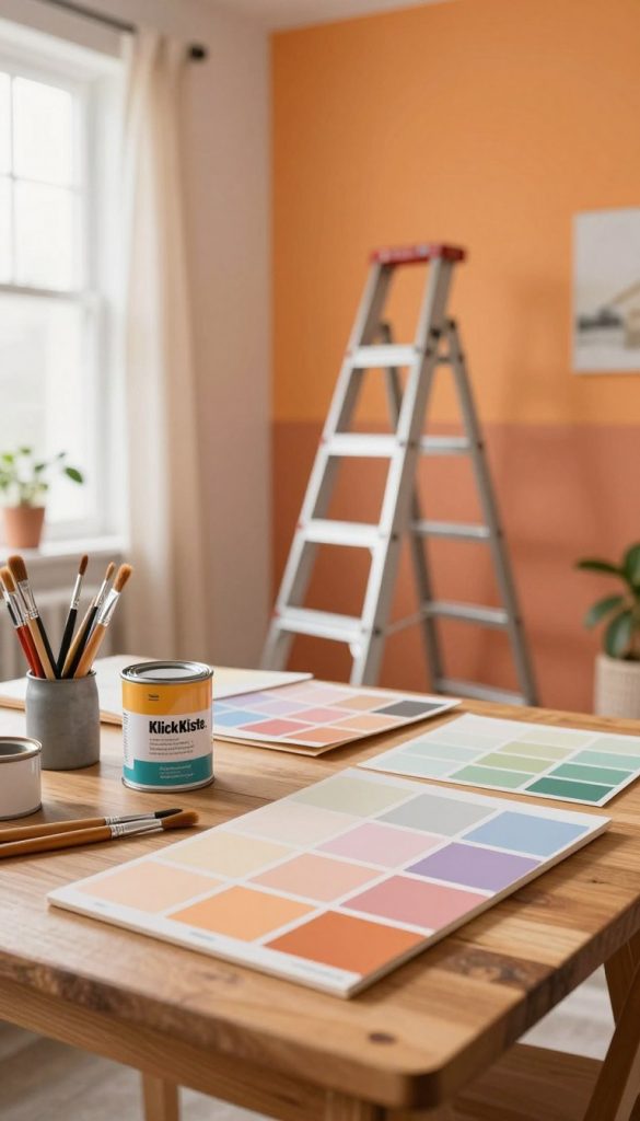 A cozy and inviting DIY workspace filled with vibrant trend colors, featuring various painting supplies from "KlickKiste." In the foreground, a wooden table adorned with freshly painted sample boards showcasing warm pastel shades, alongside paintbrushes and cans. The middle ground displays a wall partially painted in a bold accent color, with a ladder propped nearby, suggesting an ongoing home project. In the background, soft natural light filters through a window adorned with sheer curtains, casting gentle shadows. The atmosphere is warm and inspiring, embodying a Pinterest-worthy aesthetic with a touch of creativity and authenticity. The scene provides a sense of action and possibility for DIY home improvement endeavors. A cozy and inviting DIY workspace filled with vibrant trend colors, featuring various painting supplies from "KlickKiste." In the foreground, a wooden table adorned with freshly painted sample boards showcasing warm pastel shades, alongside paintbrushes and cans. The middle ground displays a wall partially painted in a bold accent color, with a ladder propped nearby, suggesting an ongoing home project. In the background, soft natural light filters through a window adorned with sheer curtains, casting gentle shadows. The atmosphere is warm and inspiring, embodying a Pinterest-worthy aesthetic with a touch of creativity and authenticity. The scene provides a sense of action and possibility for DIY home improvement endeavors.