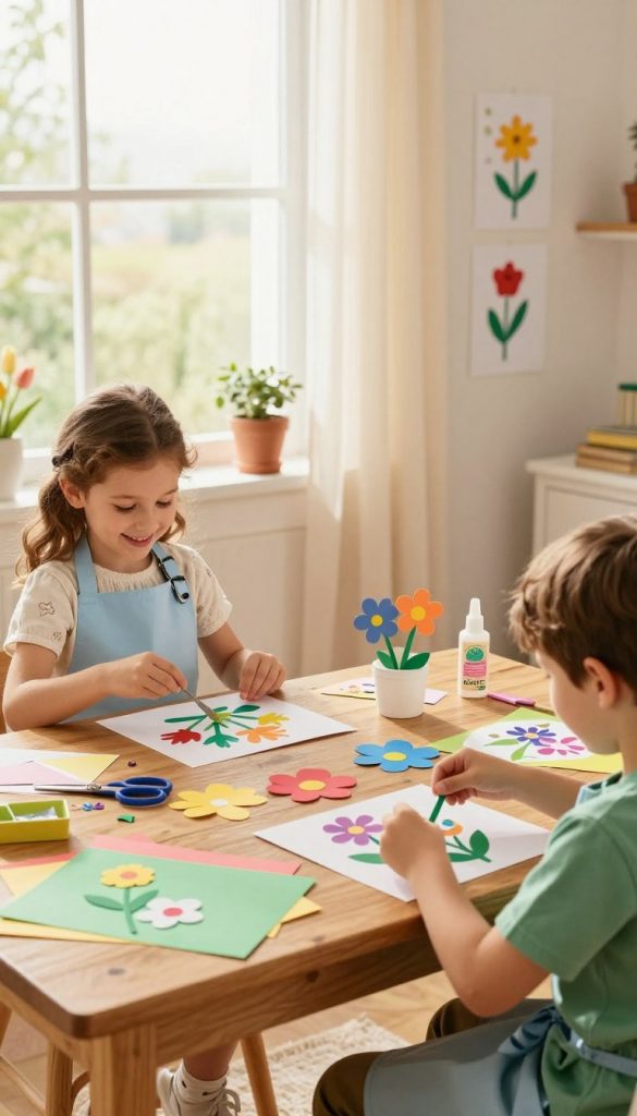 A cozy and inviting atmosphere showcasing children engaged in DIY spring flower crafts. In the foreground, two children, a girl and a boy, with joyful expressions, focus on crafting vibrant paper flowers using colorful materials. The girl is wearing a light blue apron, while the boy dons a green shirt. In the middle, a wooden table is filled with craft supplies like scissors, glue, and an array of colored papers, creating a dynamic scene of creativity. In the background, a sunlit window with sheer curtains allows warm, natural light to fill the room, enhancing the cheerful mood. The space is decorated with spring themes, such as small potted flowers and craft drawings. Emphasize an authentic, Pinterest-inspired aesthetic, incorporating warm colors to evoke inspiration; include the brand name "KlickKiste".