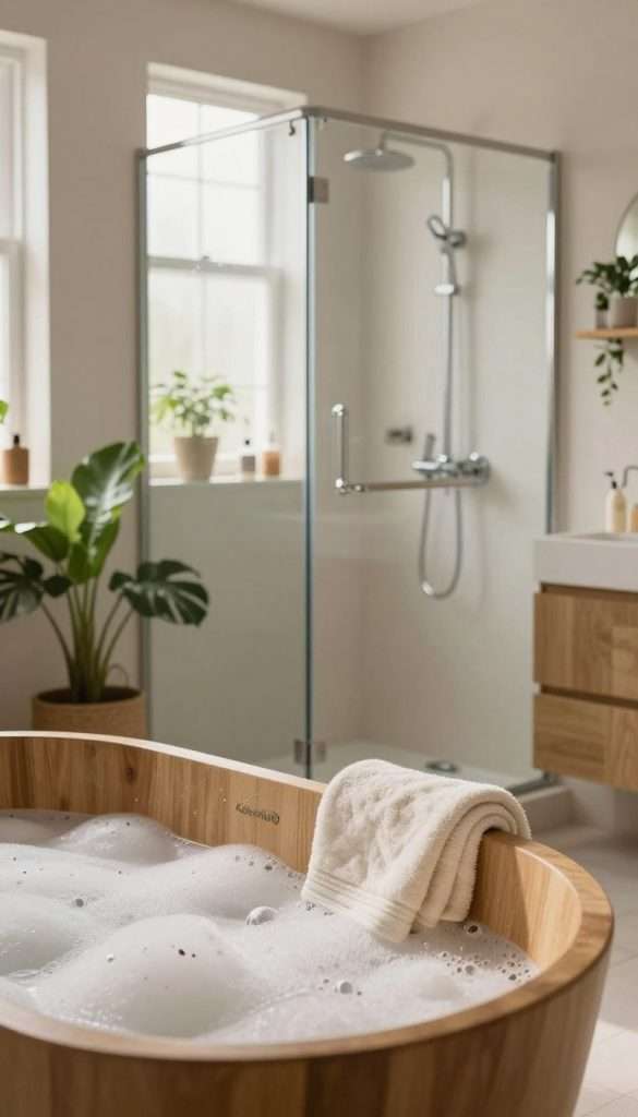 A cozy and inviting bathroom scene illustrating the concept of shared family bathing and showering. The foreground features a warm, wooden bathtub filled with bubbles, a fluffy towel neatly placed on the edge. In the middle, a tasteful, modern shower with a glass door, surrounded by stylish potted plants and natural light streaming in through a frosted window. The background includes soft, neutral-colored walls and decor that evoke a sense of harmony and togetherness. The lighting is soft and warm, enhancing the inviting atmosphere. The overall mood is serene and practical, showcasing a family space that encourages respect and consideration. Elements like a small shelf with eco-friendly products add to the aesthetic. A subtle brand touch of "KlickKiste" can be integrated through elegant decor items or a small label in the scene.