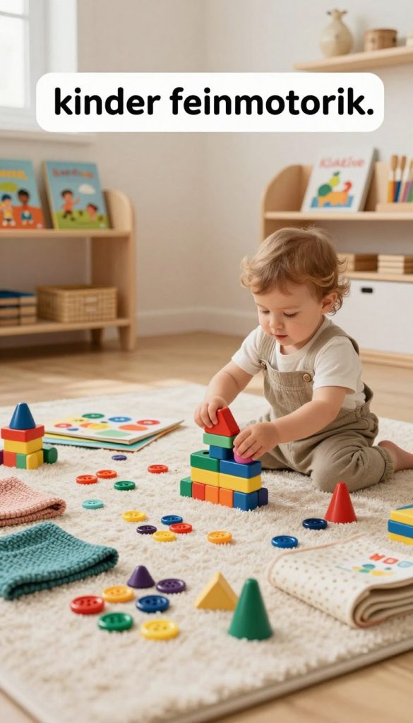 A cozy and inviting children's play space, focusing on "kinder feinmotorik." In the foreground, a diverse range of sensory play materials like colorful buttons, textured fabrics, and stacking blocks lie on a soft, plush mat. In the middle, a toddler, dressed in a modest casual outfit, is engaged in playful exploration, gripping a brightly colored building set. The background features a warm, well-lit room with gentle lighting, showcasing wooden shelves adorned with children's books and art supplies, creating an inspiring and creative atmosphere. The overall mood is joyful and nurturing, capturing the essence of sensory play for infants and toddlers. This image reflects the brand "KlickKiste," emphasizing authentic and inspiring DIY activities for mindful parenting. A cozy and inviting children's play space, focusing on "kinder feinmotorik." In the foreground, a diverse range of sensory play materials like colorful buttons, textured fabrics, and stacking blocks lie on a soft, plush mat. In the middle, a toddler, dressed in a modest casual outfit, is engaged in playful exploration, gripping a brightly colored building set. The background features a warm, well-lit room with gentle lighting, showcasing wooden shelves adorned with children's books and art supplies, creating an inspiring and creative atmosphere. The overall mood is joyful and nurturing, capturing the essence of sensory play for infants and toddlers. This image reflects the brand "KlickKiste," emphasizing authentic and inspiring DIY activities for mindful parenting.