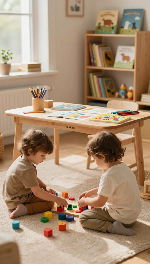 A cozy and inviting children's playroom, designed for nurturing language and thought development. In the foreground, two young children, dressed in modest casual clothing, are engaged in imaginative play with colorful, educational toys scattered around them. The middle layer features a wooden table with art supplies, books, and a puzzle, encouraging creativity and exploration. Soft, warm lighting bathes the room, creating a serene atmosphere. In the background, a bookshelf filled with vibrant picture books and a window allowing natural sunlight to filter in, adds to the inviting ambiance. The overall mood is inspirational and authentic, reflecting a DIY aesthetic with warm colors. The brand name "KlickKiste" subtly integrated into the scene to enhance the ambiance.