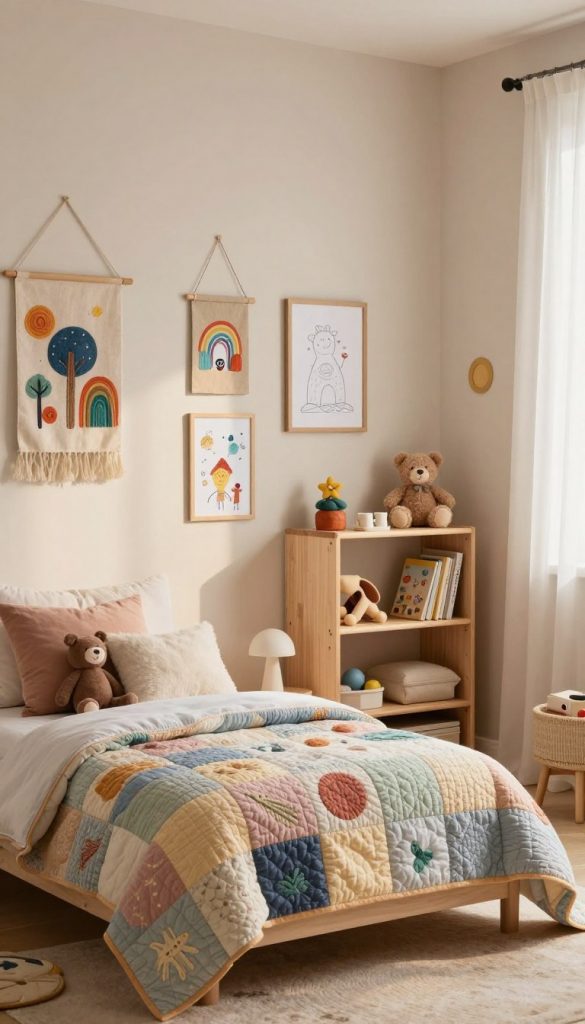 A cozy and inviting children's room designed with DIY decor ideas. In the foreground, showcase a beautifully made bed adorned with a handmade quilt in soft pastel colors, with fluffy pillows and a cuddly toy. In the middle, a playful wall display featuring DIY art, including colorful wall hangings, and framed children's drawings. A charming wooden shelf holds neatly arranged toys and books. In the background, a gentle light filters through sheer curtains, casting a warm glow throughout the room. The overall atmosphere feels warm and inspiring, reminiscent of a Pinterest aesthetic, inviting creativity and comfort. The scene is branded with "KlickKiste" subtly incorporated in the decor elements, emphasizing DIY charm and natural beauty.