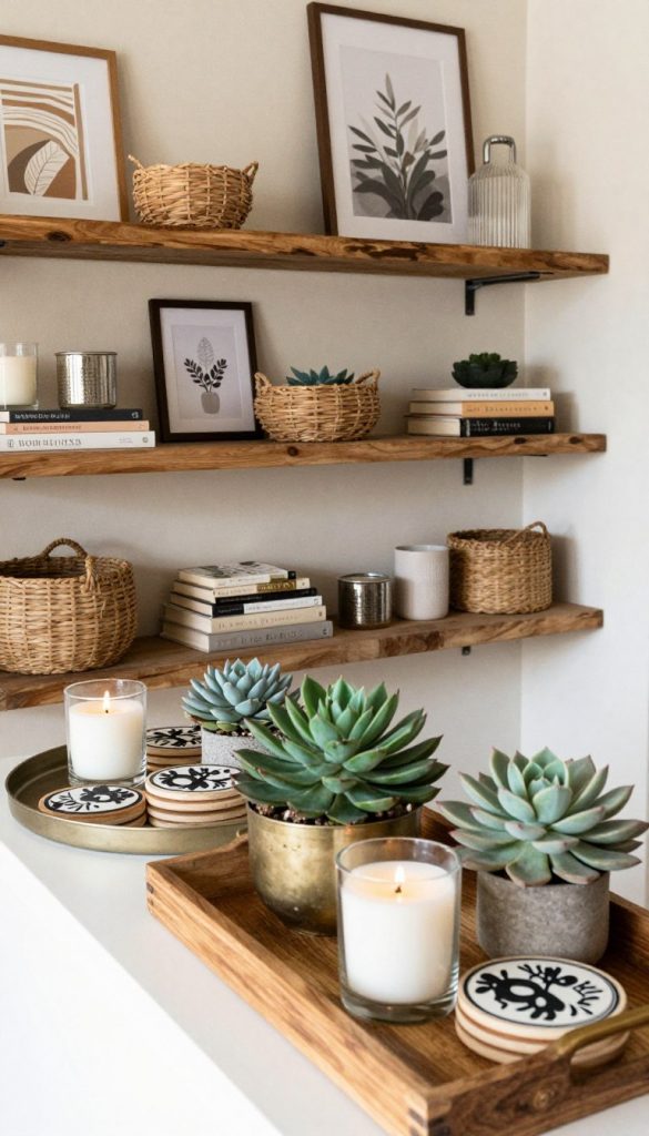 A cozy and inviting corner of a chic living space featuring a beautifully arranged display of stylish shelves and decorative trays. In the foreground, showcase elegant wooden and metallic trays adorned with lush succulents, scented candles, and artisanal coasters, highlighting their functional beauty. The middle layer should include an assortment of open shelving made from reclaimed wood, displaying carefully curated decor items like books, woven baskets, and framed art, all basking in soft, warm natural light. The background should feature a tastefully designed wall with a subtle texture, enhancing the Boho Luxe aesthetic. Capture the scene from a slightly elevated angle to emphasize depth and detail, creating an authentic Pinterest-inspired atmosphere that feels inspiring and naturally inviting. Include the brand name "KlickKiste" subtly within the scene.