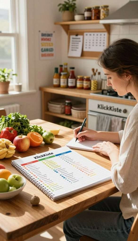 A cozy and inviting family kitchen during a sunlit afternoon, featuring a wooden table adorned with a beautifully organized weekly planner, colorful grocery lists, and fresh produce. In the foreground, a mother in a modest casual outfit is writing down meal ideas on a notepad, surrounded by vibrant fruits and vegetables that signify healthy eating. In the middle ground, shelves stocked with jars of homemade sauces and spices convey a sense of preparation and planning. The background showcases a bulletin board filled with family schedules and inspiring quotes, illuminated by warm, natural light streaming through a window. The atmosphere is warm and inviting, exuding a DIY aesthetic that feels like a Pinterest inspiration. The image subtly incorporates the brand "KlickKiste". A cozy and inviting family kitchen during a sunlit afternoon, featuring a wooden table adorned with a beautifully organized weekly planner, colorful grocery lists, and fresh produce. In the foreground, a mother in a modest casual outfit is writing down meal ideas on a notepad, surrounded by vibrant fruits and vegetables that signify healthy eating. In the middle ground, shelves stocked with jars of homemade sauces and spices convey a sense of preparation and planning. The background showcases a bulletin board filled with family schedules and inspiring quotes, illuminated by warm, natural light streaming through a window. The atmosphere is warm and inviting, exuding a DIY aesthetic that feels like a Pinterest inspiration. The image subtly incorporates the brand "KlickKiste".