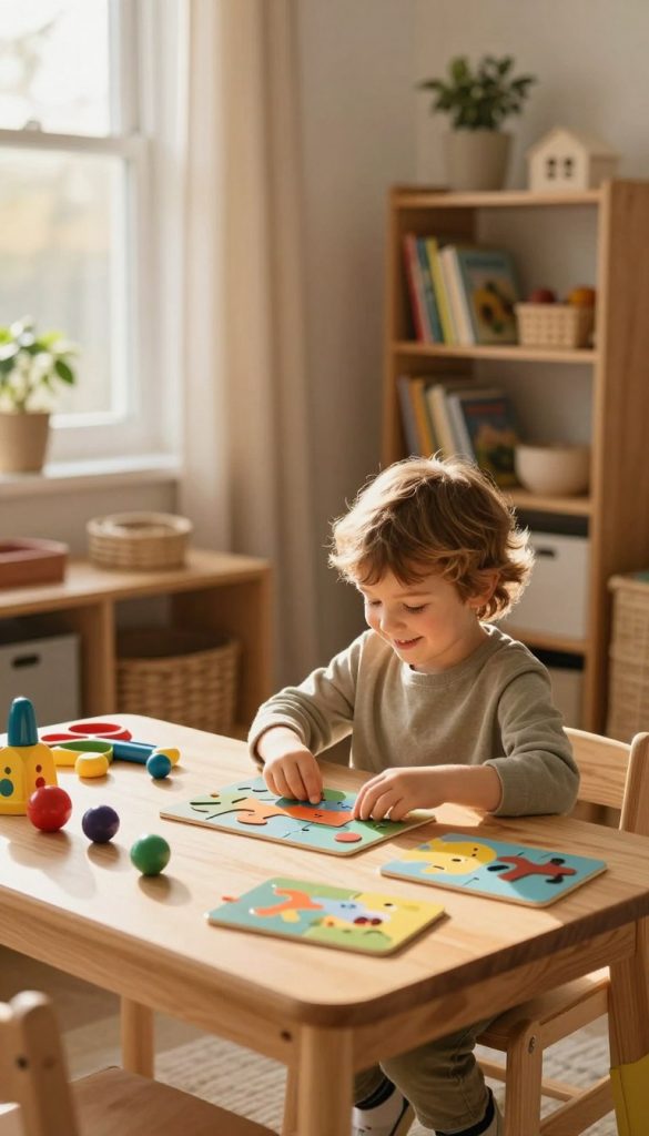 A cozy and inviting home environment illustrating a tranquil learning space for children, reflecting natural DIY aesthetics with warm colors. In the foreground, a wooden table is adorned with colorful educational toys and games that encourage interactive learning. In the middle, a cheerful child, dressed in casual clothing, is deeply engaged with a puzzle, showcasing focus and curiosity. Soft, golden sunlight filters through nearby windows, creating an inviting glow. In the background, a bookshelf filled with storybooks and craft materials adds to the homely atmosphere. The overall mood is nurturing and inspiring, encouraging an enriching routine at home. This image embodies the essence of "KlickKiste", promoting engaging learning experiences for children. A cozy and inviting home environment illustrating a tranquil learning space for children, reflecting natural DIY aesthetics with warm colors. In the foreground, a wooden table is adorned with colorful educational toys and games that encourage interactive learning. In the middle, a cheerful child, dressed in casual clothing, is deeply engaged with a puzzle, showcasing focus and curiosity. Soft, golden sunlight filters through nearby windows, creating an inviting glow. In the background, a bookshelf filled with storybooks and craft materials adds to the homely atmosphere. The overall mood is nurturing and inspiring, encouraging an enriching routine at home. This image embodies the essence of "KlickKiste", promoting engaging learning experiences for children.