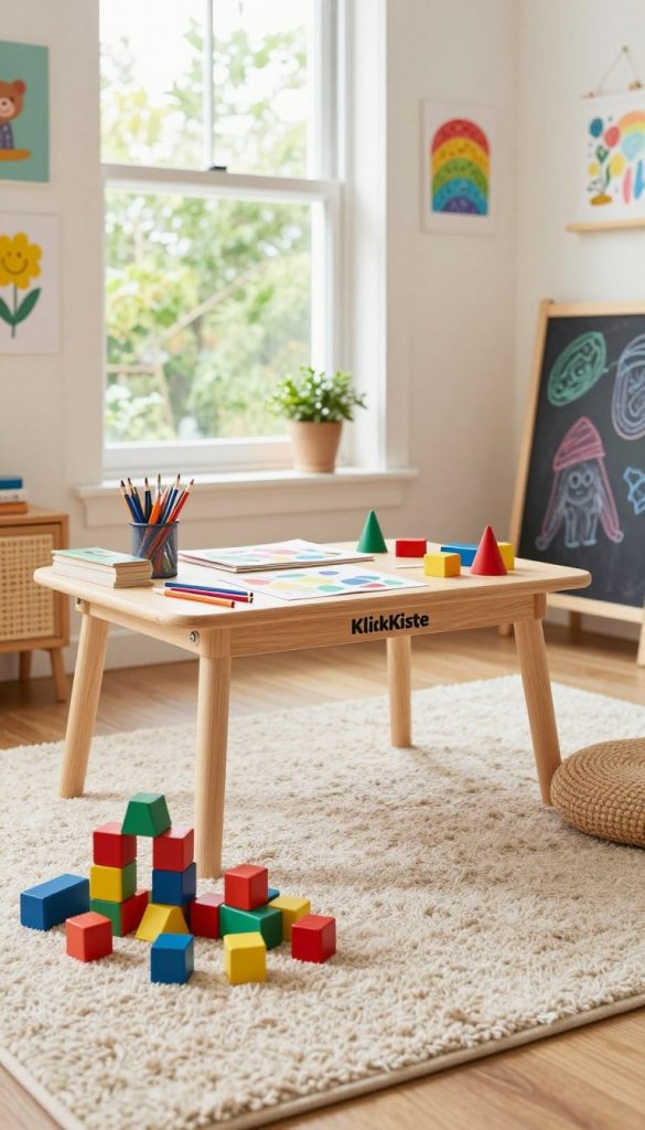 A cozy and inviting home learning space, featuring a vibrant and engaging child’s educational playset from "KlickKiste." In the foreground, colorful wooden blocks and creative learning tools are neatly arranged on a soft, textured rug. In the middle, a small wooden table holds art supplies, books, and imaginative toys that foster creativity and routine. The background showcases a bright, sunny window with cheerful greenery outside, allowing soft, natural light to flood the room, enhancing the warm atmosphere. The walls are adorned with inspiring artwork and a chalkboard filled with colorful drawings. This scene conveys a sense of harmony and productivity, ideal for promoting learning at home, all crafted in a natural DIY style with inviting, Pinterest-worthy aesthetics.