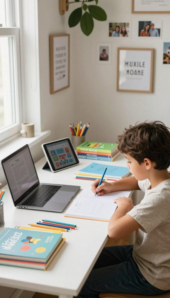 A cozy and inviting home study space, featuring a bright, well-lit desk with a laptop, open notebooks, and colorful stationery. A child, dressed in comfortable but tidy clothing, sits focused on their homework, surrounded by educational materials like books and tablets. The background shows a wall adorned with inspirational quotes and family photos, partially covered by a leafy plant. Natural light pours through a window, creating a warm and encouraging atmosphere. The overall mood is one of creativity and independence, showcasing the balance between learning and media use in a nurturing environment. The scene is styled with a natural DIY aesthetic, using warm colors for authenticity and inspiration, reflecting the brand KlikKiste.