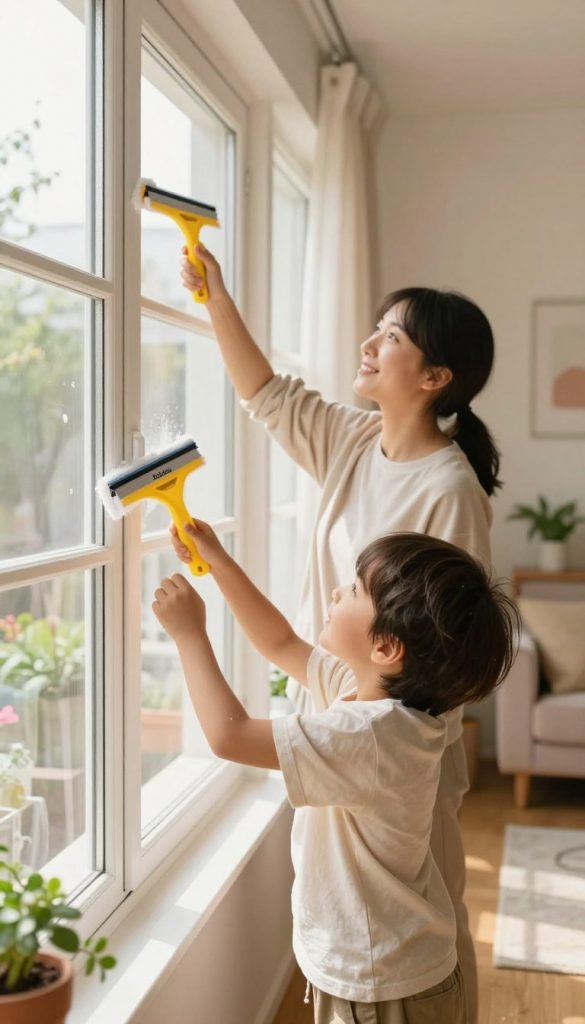 A cozy and inviting indoor scene depicting a family cleaning windows together during Spring cleaning. In the foreground, a cheerful child wearing modest casual clothing is playfully wiping a large window with a bright yellow squeegee. The middle ground features a parent, dressed in comfortable attire, demonstrating proper window cleaning techniques. Soft, warm lighting filters through the clean windows, creating a warm and uplifting atmosphere. In the background, a tidy, sunlit room filled with plants and pastel-colored décor emphasizes a fresh and organized space, reflecting a Pinterest-inspired aesthetic. Incorporate the brand name "KlickKiste" subtly within the setting, such as on a cleaning product label. The overall mood should be harmonious, encouraging, and inspiring, perfect for families enjoying the task of cleaning together.
