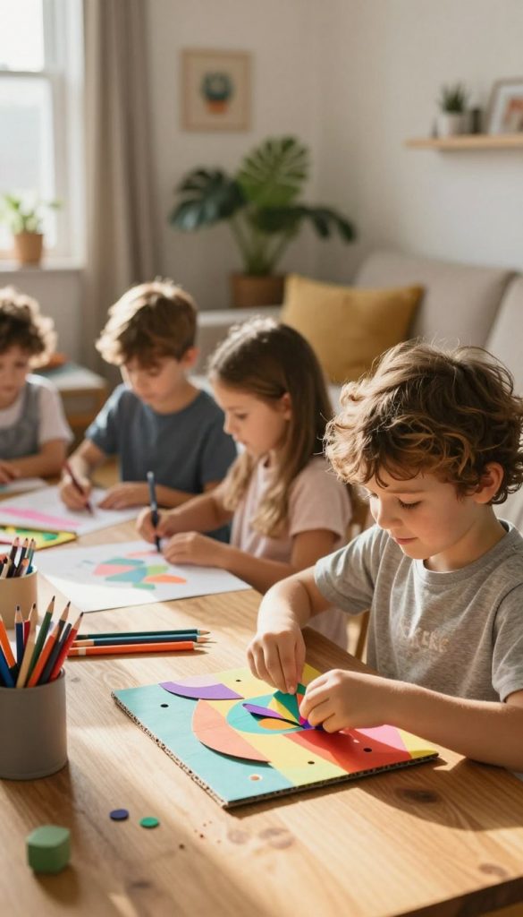 A cozy and inviting indoor scene showcasing children of varying ages engaged in creative, screen-free activities inspired by "KlickKiste." In the foreground, a young child is expertly assembling a colorful cardboard craft, displaying concentration and joy. To the left, a group of slightly older kids collaborates on an imaginative drawing, surrounded by vibrant art supplies. In the background, a warm, softly lit living room, adorned with playful decorations and greenery, creates a nurturing atmosphere. The sunlight filters through a window, casting gentle shadows and adding a warm glow. The overall mood is inspiring and authentic, embodying the spirit of DIY creativity with natural, warm colors, reflecting a Pinterest-style aesthetic.