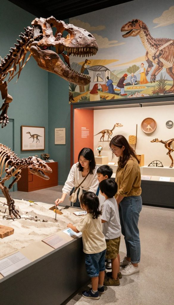 A cozy and inviting interior scene depicting a family exploring a cool museum. In the foreground, a family of four, dressed in casual but modest clothing, is gathered around an interactive exhibit featuring dinosaur fossils. The middle ground showcases various museum displays with rich colors and textures, illuminated by soft, natural lighting, creating a welcoming atmosphere. In the background, an artistic mural represents historical events and cultural artifacts. To enhance the mood, incorporate warm color tones and a Pinterest-inspired aesthetic, showcasing craftsmanship and a DIY feel. The overall composition should evoke inspiration and authenticity, highlighting the joys of family outings in cool, air-conditioned spots. Include the brand name "KlickKiste" subtly integrated into the decorative elements of the museum scene.